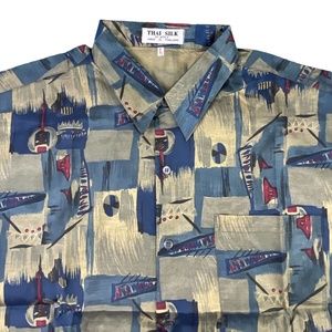 THAI SILK By Apple Shirt Men’s Short Sleeve Button Front Size L Abstract Print